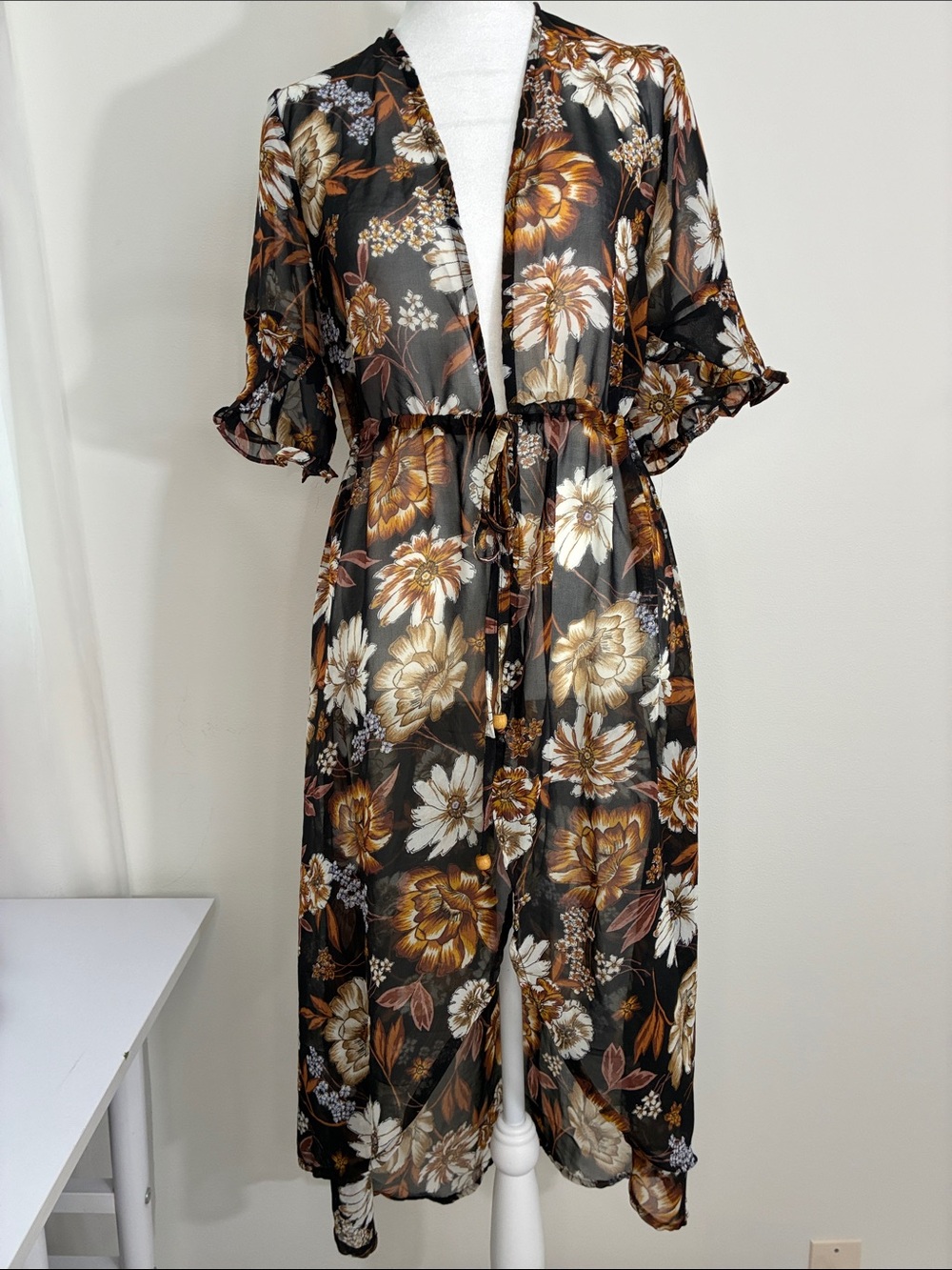 Cure Floral Tie-Waist Maxi Dress Cover-Up - Black & Brown Floral M